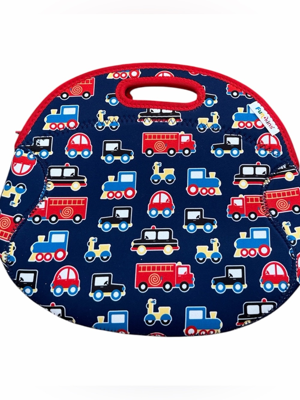 Funkins Neoprene Lunch Tote with Red & Navy Vehicle Print NWOT